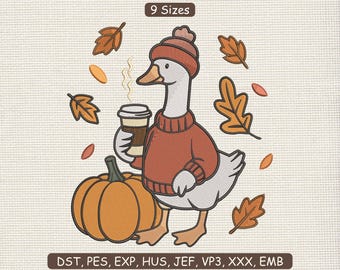 Fall Goose Embroidery File, Autumn Goose Embroidery Design File, Pumpkin Coffee Fall Leaves Embroidery File, Fall Season Stitch DST PES