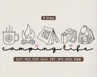 Camping Line Art Embroidery Design, Tent Fire Mountains Outline Pattern, Outdoor Adventure Machine Embroidery File VP3 JEF PES, 9 Sizes