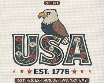 USA Floral Eagle Embroidery Design, USA Flag 4th of July Machine Embroidery File, Floral American EST 1776 Embroidery Design, Military Patch