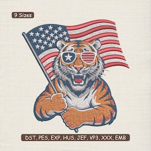 May include: Embroidered design of a tiger wearing sunglasses with a star and stripes design, holding a waving American flag. The tiger is orange and white with a roaring expression. The text "9 Sizes" and file formats are included.