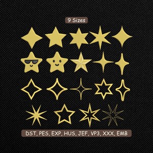 May include: A collection of gold star embroidery designs in various shapes and styles, including stars with sunglasses and smiling faces. The text "9 Sizes" is above the stars. The text "DST, PES, EXP, HUS, JEF, VP3, XXX, EMB" is below the stars.