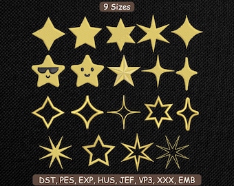 Sparkling Star Emoji Embroidery Design File | Cute Smiley Star Emoji for Hoop | Star Bundle Embroidery File DST PES 9 Sizes Each