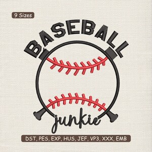 May include: Baseball-themed design featuring a baseball with red stitching, a black outline, and the word "BASEBALL" arched above. The word "junkie" is written in cursive below the baseball. The design includes two crossed bats.