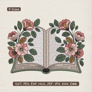 Puede incluir: Un diseño bordado de un libro abierto con adornos florales. Las flores son rosas y melocotón con hojas verdes. El texto "9 Sizes" está en la parte superior y "DST, PES, EXP, HUS, JEF, VP3, XXX, EMB" en la parte inferior.