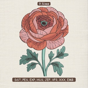 Könnte beinhalten: Gesticktes Blumendesign mit einer großen, detaillierten Blume in Orange- und Rosatönen, mit einem türkisfarbenen Zentrum und Stiel sowie grünen Blättern. Der Text "9 Sizes" steht oben. Der Text unten lautet "DST, PES, EXP, HUS, JEF, VP3, XXX, EMB".
