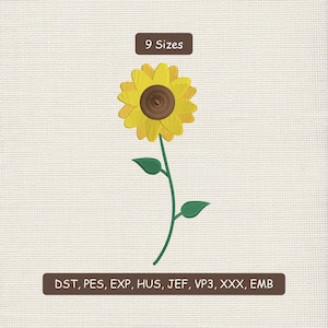 May include: Embroidered sunflower design with yellow petals and a brown center, green stem and leaves. The image includes the text "9 Sizes" and file type abbreviations: DST, PES, EXP, HUS, JEF, VP3, XXX, EMB.
