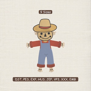 May include: A cartoon scarecrow design with a straw hat, red shirt, blue overalls, and straw arms and legs. The image includes the text "9 Sizes" and file formats: DST, PES, EXP, HUS, JEF, VP3, XXX, EMB.