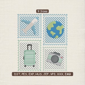 May include: Embroidered travel-themed designs in a square format. The designs include a blue and white airplane, a globe, a suitcase, and a camera. The text "9 Sizes" is at the top, and "DST, PES, EXP, HUS, JEF, VP3, XXX, EMB" is at the bottom.