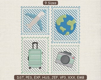 May include: Embroidered travel-themed designs in a square format. The designs include a blue and white airplane, a globe, a suitcase, and a camera. The text "9 Sizes" is at the top, and "DST, PES, EXP, HUS, JEF, VP3, XXX, EMB" is at the bottom.