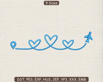 Three Heart Travel embroidery design, Airplane Outdoor Embroidery Machine File DST PES | Instant Download