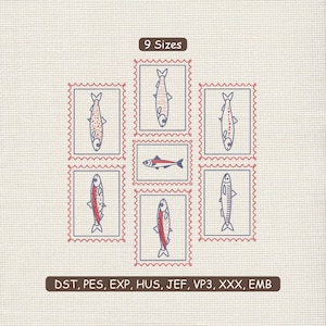 May include: Nine embroidered fish designs in various styles, each within a red postage stamp frame. The fish are in shades of red, blue, and white. The text "9 Sizes" is at the top, and "DST, PES, EXP, HUS, JEF, VP3, XXX, EMB" is at the bottom.
