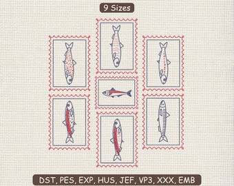 Sardine Postage Stamp Bundle Embroidery Design : Fish Lover Machine File DST PES | 9 Sizes | Instant Download