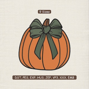 Cute Fall Pumpkin With Bow Embroidery Design File | Coquette Pumpkin Fall Trendy Embroidery Design DST PES 9 Sizes | Fall Pumpkin Embroidery
