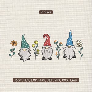 May include: Embroidered design featuring three gnomes with white beards and colorful hats. The gnomes are surrounded by flowers. The text "9 Sizes" and embroidery file formats are also included.