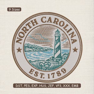 May include: Embroidered patch featuring a lighthouse, ocean, and mountains, with the text "NORTH CAROLINA EST. 1789". The design is circular, with a brown border and star accents. The patch is available in 9 sizes.