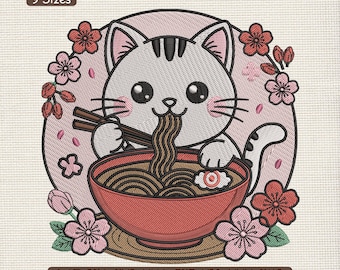 Ramen Cat Floral Embroidery Design, Cat With Flowers Machine Embroidery File – DST PES JEF, 9 Sizes