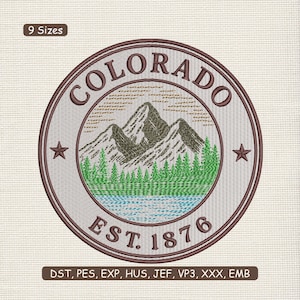 May include: Embroidered patch featuring a circular design with the word "COLORADO" at the top and "EST. 1876" at the bottom. The design includes mountains, trees, and a lake. Two stars flank the central image. The patch is available in 9 sizes.