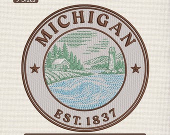 Motif de broderie phare des Grands Lacs du Michigan, fichier de broderie Machine Lake Life, tailles multiples incluses