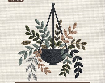 Hanging Planter Embroidery Design, Boho Botanical Wall Plant Machine Embroidery File – DST PES XXX, 9 Sizes
