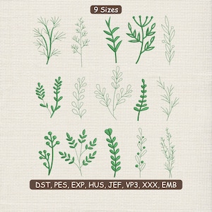 Könnte beinhalten: Ein Bild mit einer Sammlung grüner botanischer Stickmuster. Die Designs zeigen verschiedene Blatt- und Stielmuster, mit dem Text "9 Sizes" oben und den Stickdateiformaten unten.