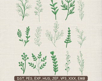 Botanical Leaf Sprigs Embroidery Bundle Design, Minimal Stem and Greenery Motifs, Modern Nature Machine Embroidery PES VP3 HUS, 9 Sizes