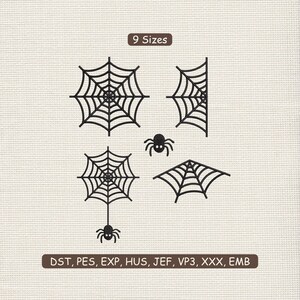 Pode incluir: Teias de aranha e aranhas pretas em vários designs. A imagem inclui o texto "9 Sizes" e abreviações de formato de arquivo: DST, PES, EXP, HUS, JEF, VP3, XXX, EMB. Perfeito para artesanato e decorações de Halloween.