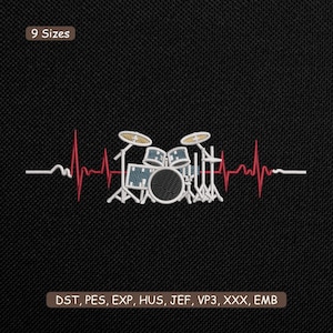 May include: An embroidered design featuring a drum set integrated into a red heartbeat line on a black background. The design includes the text "9 Sizes" and file type abbreviations. Ideal for music lovers and drummers.