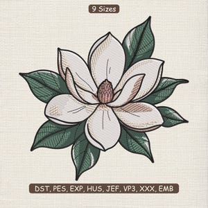 以下が含まれることがあります： 白い花びらとピンク色の中心を持つモクレンの花の刺繍デザイン。緑の葉に囲まれ、ニュートラルな背景に配置されています。「9サイズ」のテキストが上部にあり、ファイルタイプの略語が下部にあります。