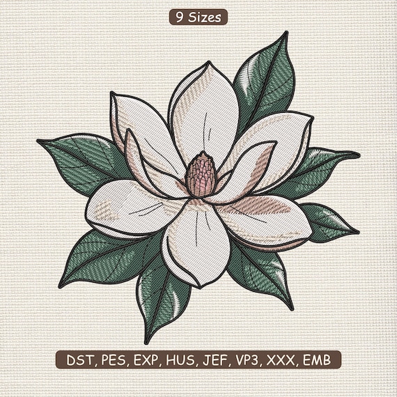 White Magnolia Flower Embroidery Design, Elegant Southern Floral Embroidery Pattern – DST PES JEF, 9 Sizes