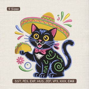 May include: A black cat wearing a sombrero and holding a taco. The cat has yellow eyes, a pink bow tie, and green and blue decorative swirls. The image includes the text "9 Sizes" and file type abbreviations.