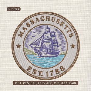 May include: Embroidered patch featuring the Massachusetts state seal. The design includes a sailing ship on water, the text "MASSACHUSETTS" around the top, and "EST. 1788" at the bottom. The patch is circular with a brown border and two stars.