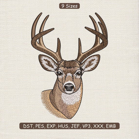 Realistic Buck Portrait Embroidery Design, Deer Head Wildlife Hunting Embroidery Machine File – DST PES JEF, 9 Sizes