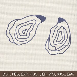 May include: Two stylized oyster shell designs in navy blue, featuring concentric lines and a textured appearance. The shells are set against a cream-colored background. The bottom of the image displays text: DST, PES, EXP, HUS, JEF, VP3, XXX, EMB.