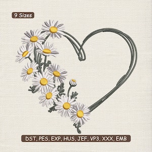 May include: An embroidered design featuring a heart-shaped outline with a cluster of white daisies with yellow centers. The design includes the text "9 Sizes" and file type abbreviations.