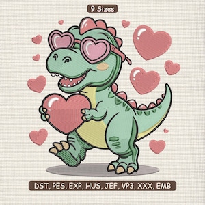 May include: An embroidered design of a friendly green dinosaur wearing heart-shaped sunglasses and holding a pink heart. Several pink hearts surround the dinosaur. The text "9 Sizes" is at the top, and file type abbreviations are at the bottom.