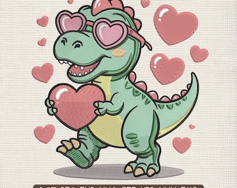 Dinosaur Valentine Embroidery Design, Kawaii Dino Holding Heart Embroidery Art – DST PES VP3, 9 Sizes
