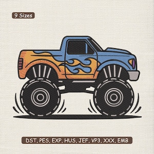 Könnte beinhalten: Gesticktes Design eines blauen Monstertrucks mit orangefarbenen Flammen. Der Truck hat große schwarze Reifen und der Text "9 Sizes" steht oben. Der Text unten lautet "DST, PES, EXP, HUS, JEF, VP3, XXX, EMB".