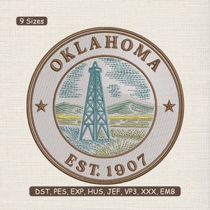 May include: Embroidered patch featuring the word "OKLAHOMA" in brown, encircling a teal oil derrick and landscape. The text "EST. 1907" is below the image. Two brown stars flank the central design. The patch is available in 9 sizes.