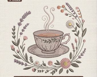 May include: An embroidered design featuring a teacup on a saucer, surrounded by a floral wreath. The teacup has a floral pattern and steam rising from it. The design includes text that says "9 Sizes" and file formats.