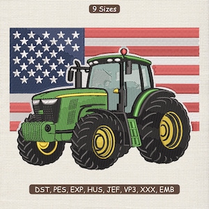 May include: Embroidered design featuring a green tractor with black tires and yellow rims, set against a backdrop of the American flag. The text "9 Sizes" is at the top, and embroidery file formats are listed at the bottom.