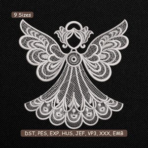 May include: White embroidered angel design with detailed wings and flowing gown. The design includes the text "9 Sizes" and file type abbreviations. The angel is centered on a black background, perfect for embroidery projects.
