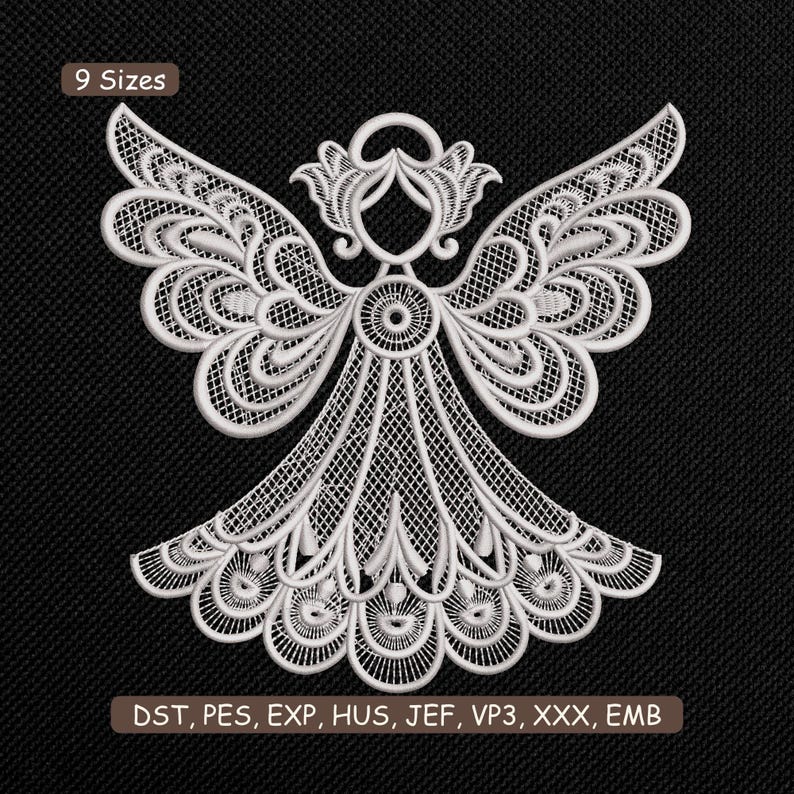 May include: White embroidered angel design with detailed wings and flowing gown. The design includes the text "9 Sizes" and file type abbreviations. The angel is centered on a black background, perfect for embroidery projects.