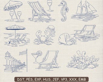 Ocean Life Embroidery Design Collection, Coastal Scene Machine Embroidery File, Beach Stitch Pattern