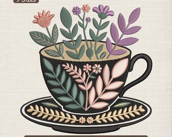 Floral Cup Embroidery Design, Leaf Coffee Mug Set Machine Embroidery File – DST PES JEF, 9 Sizes