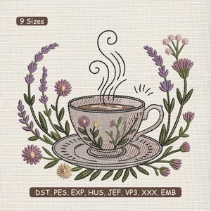 May include: An embroidered design featuring a teacup and saucer, encircled by lavender and flowers. The teacup has a floral pattern with steam rising. The text "9 Sizes" is at the top, and "DST, PES, EXP, HUS, JEF, VP3, XXX, EMB" is at the bottom.
