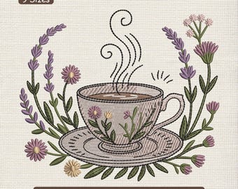 May include: An embroidered design of a teacup and saucer, surrounded by lavender and flowers. The teacup has a floral pattern and steam rising from it. The text "9 Sizes" is at the top, and "DST, PES, EXP, HUS, JEF, VP3, XXX, EMB" is at the bottom.