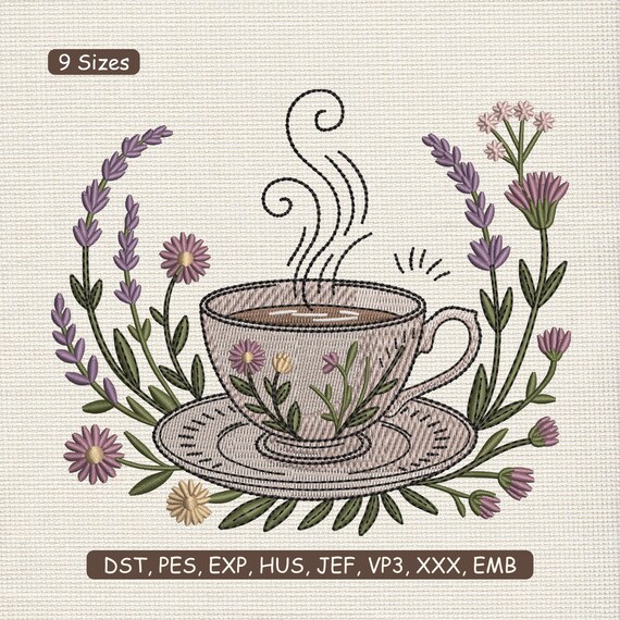 Floral Coffee Cup Steam Embroidery Design, Botanical Tea Mug Machine Embroidery Pattern – DST PES JEF, 9 Sizes