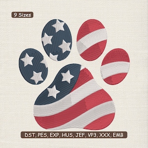 May include: Embroidered paw print design in red, white, and blue, resembling the American flag. The design includes stars and stripes, with the text "9 Sizes" and embroidery file formats listed below.
