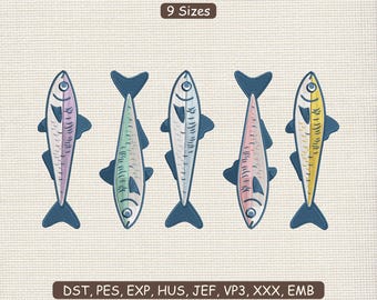 Colorful Sardine Embroidery Design File | Sea Fish Sardine Bundle Embroidery Design | Fisherman Embroidery Machine File DST PES 9 Sizes