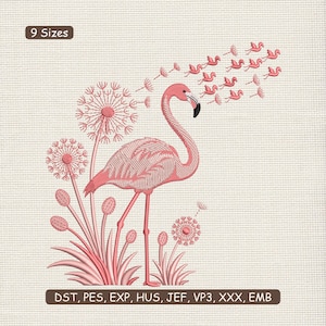 Op de afbeelding: Roze flamingo borduurontwerp met paardenbloemaccenten. Het ontwerp bevat de tekst "9 Maten" en bestandstype afkortingen: DST, PES, EXP, HUS, JEF, VP3, XXX, EMB. De flamingo is afgebeeld met een lange nek en poten en een zwarte snavel.